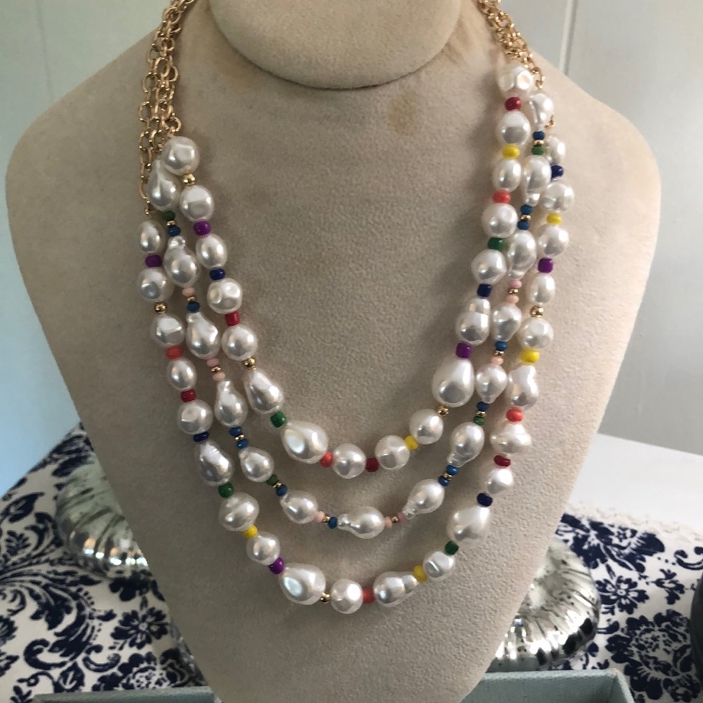 NWT J.Crew Three-Layer Faux Pearl Necklace With Multicolored Beads